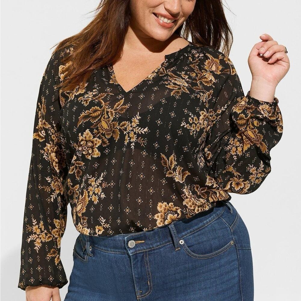 Torrid Gold Floral Crinkle Chiffon Lurex Peasant Long Sleeve Blouse 2X NWT